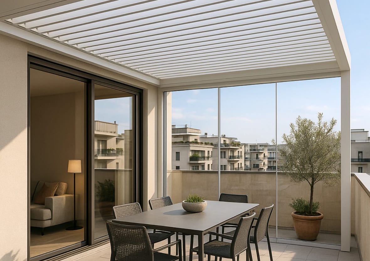 Pergola Bioclimatica con vetrata scorrevole su terrazzo